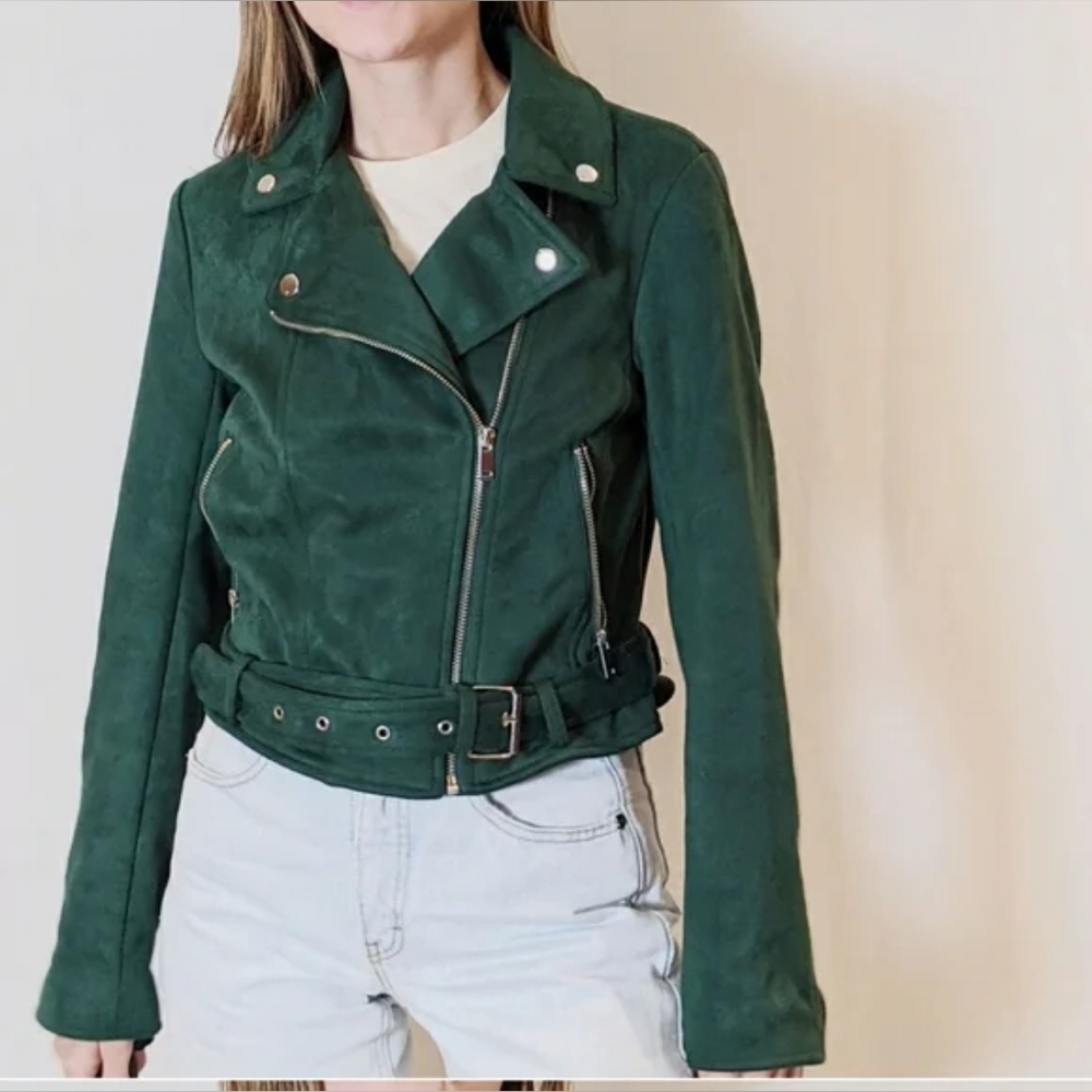 Forever 21 Emerald Green Moto Biker Assymetrical Zip Jacket Suede